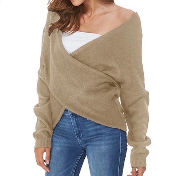 🧡SOLD🧡Crisscross V Neck Sweater Tan/Brown - Picture 4 of 5